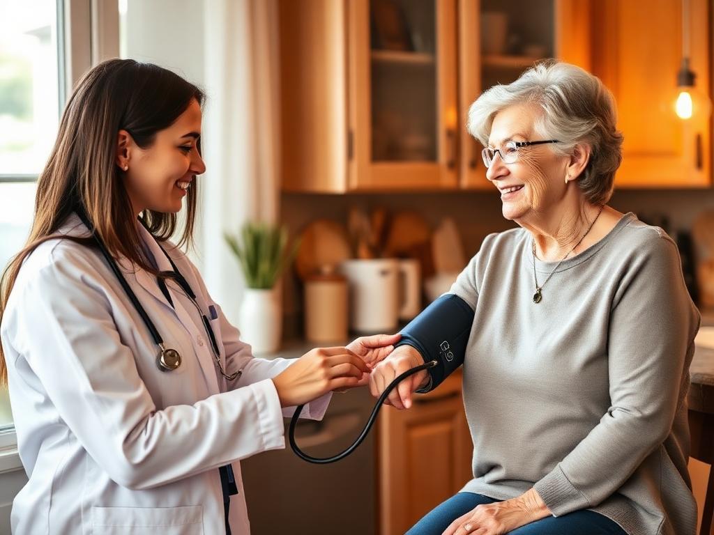 Nurse checking blood pressure of senior woman